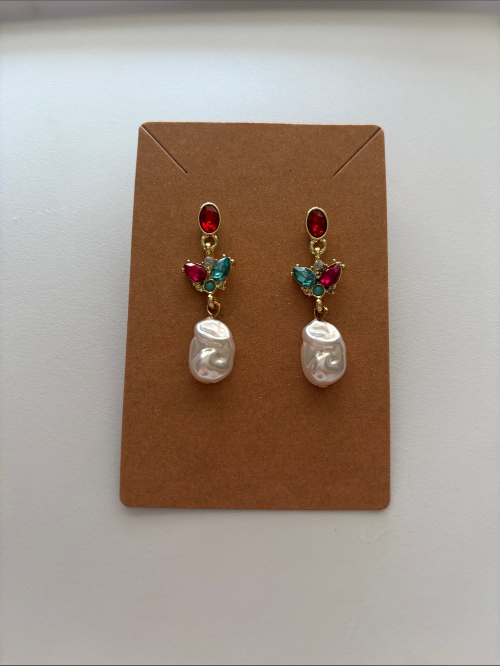 Gold Pearl Drop Earrings with Red, Pink and Teal Gem Accents